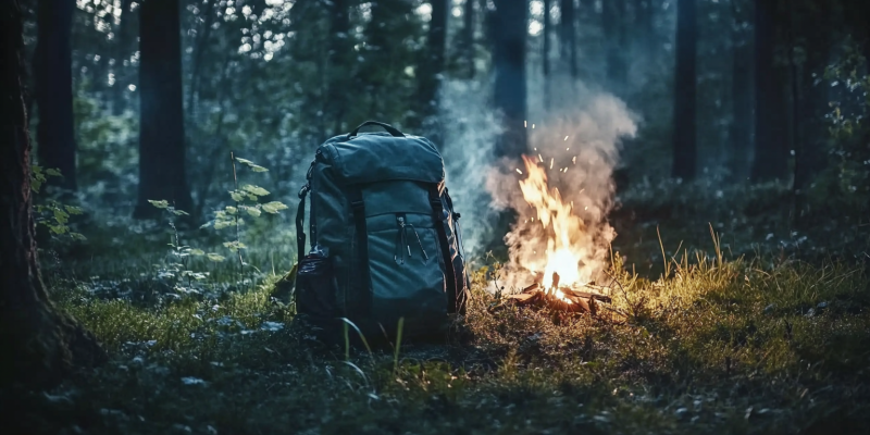 Ein Rucksack neben einem Lagerfeuer